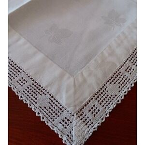 Vintage 41" Table Runner Filet Crochet Lace Trim Cotton Damask Ivy Leaves